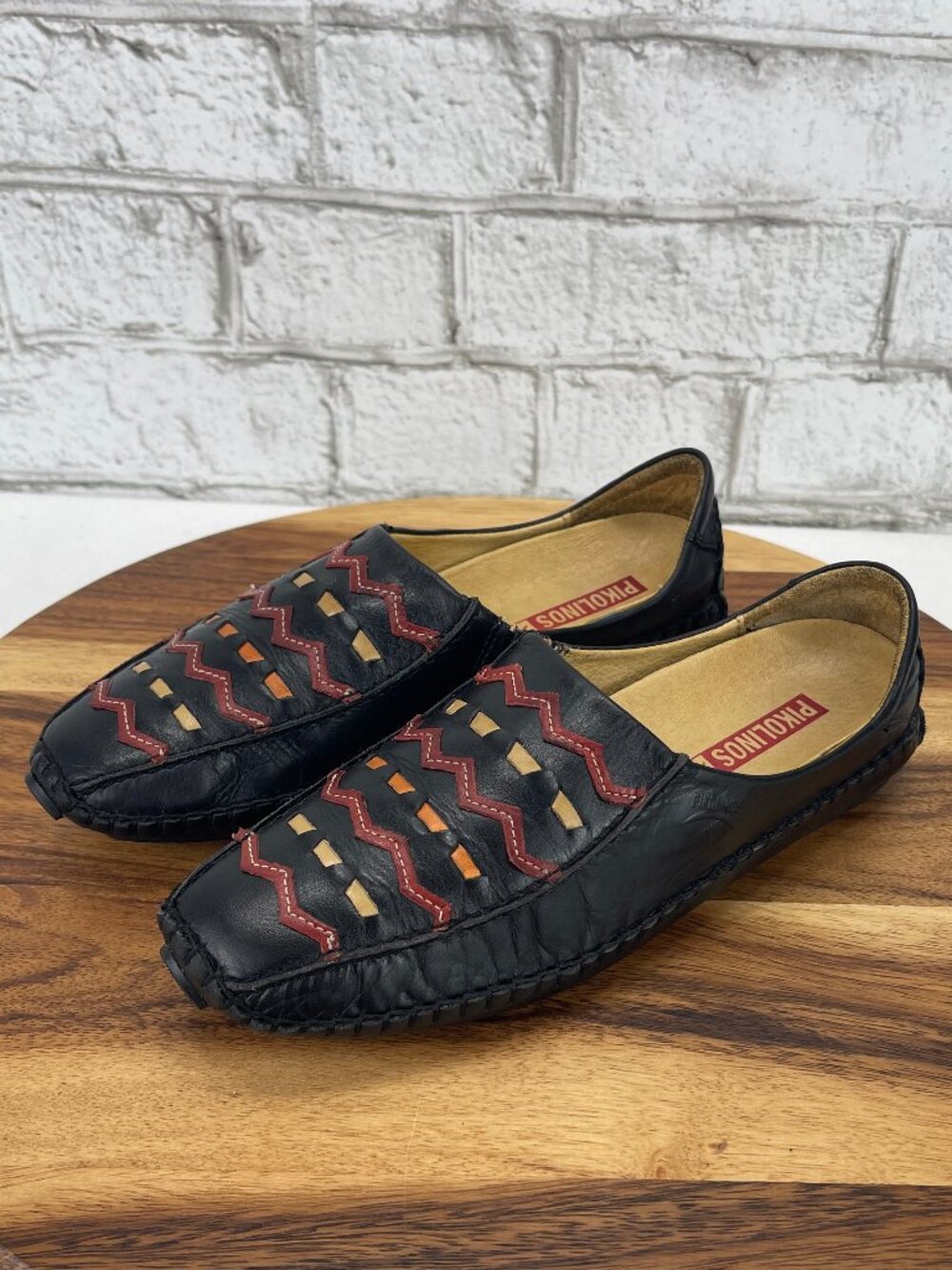Pikolinos Womens Sz. 6.5/37 Black Leather Woven Slip On Moccasins Driving Shoes